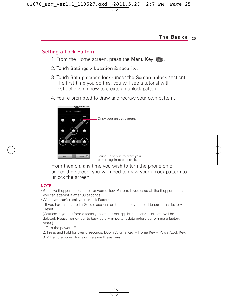 Setting a lock pattern, The basics | LG US670 User Manual | Page 27 / 309