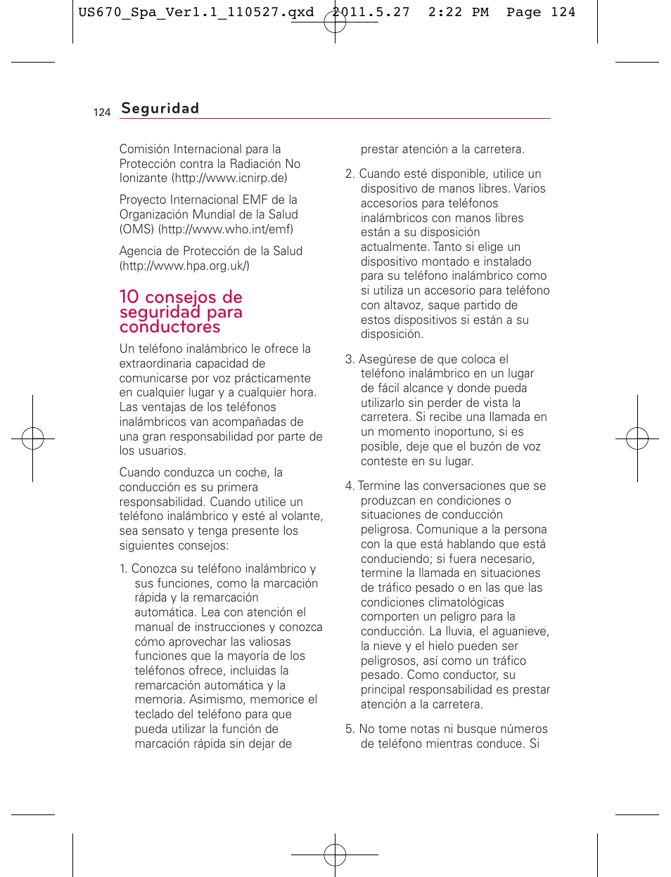 10 consejos de seguridad para conductores, Seguridad | LG US670 User Manual | Page 274 / 309