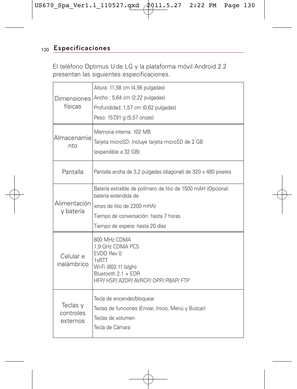 Especificaciones | LG US670 User Manual | Page 280 / 309