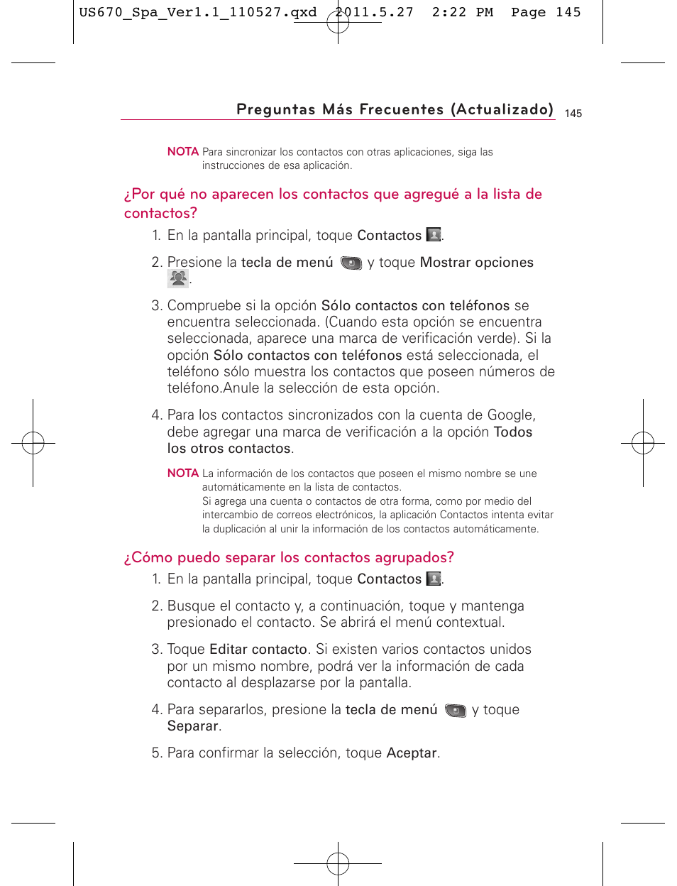 Cómo puedo separar los contactos agrupados, Preguntas más frecuentes (actualizado) | LG US670 User Manual | Page 295 / 309