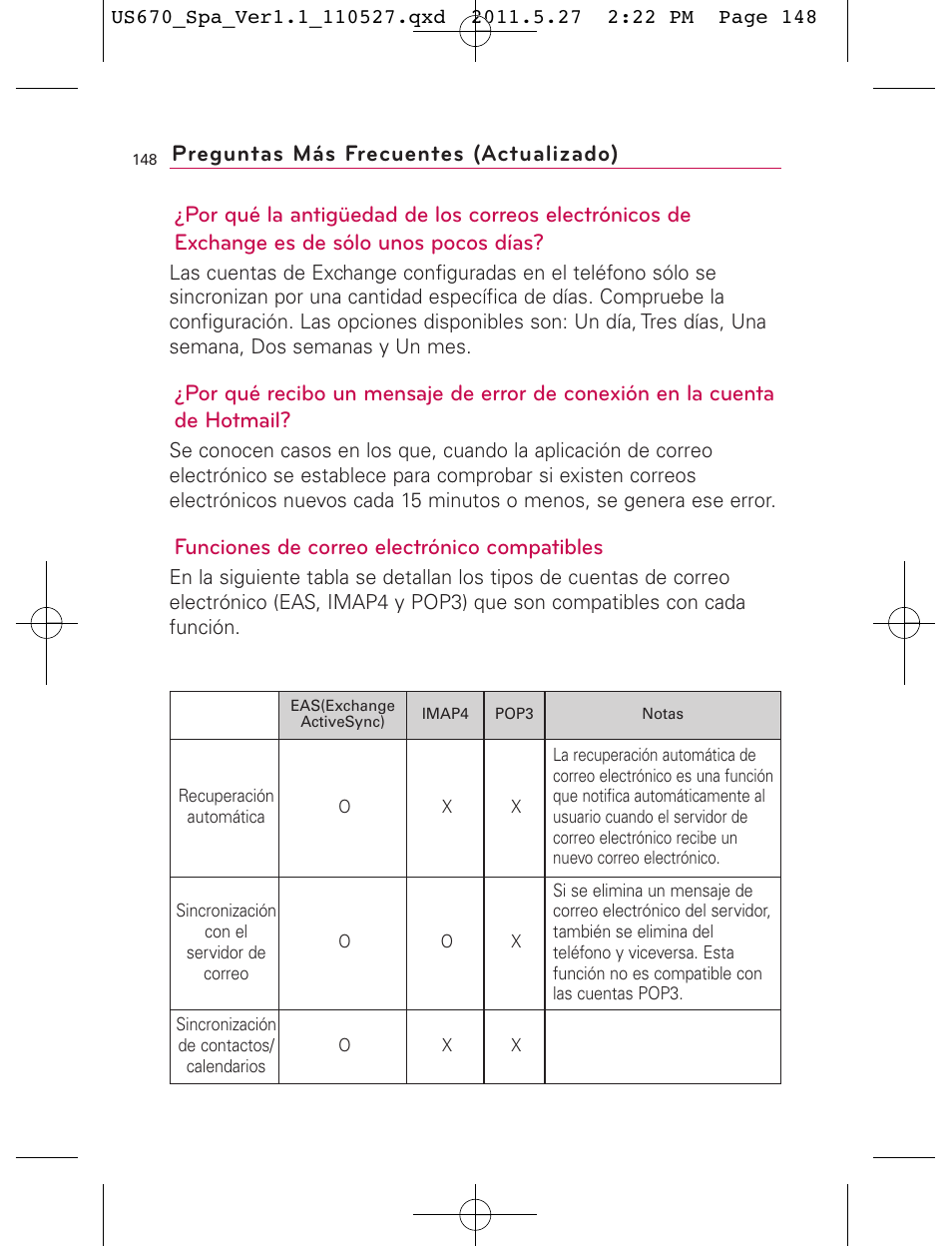 Funciones de correo electrónico compatibles, Preguntas más frecuentes (actualizado) | LG US670 User Manual | Page 298 / 309