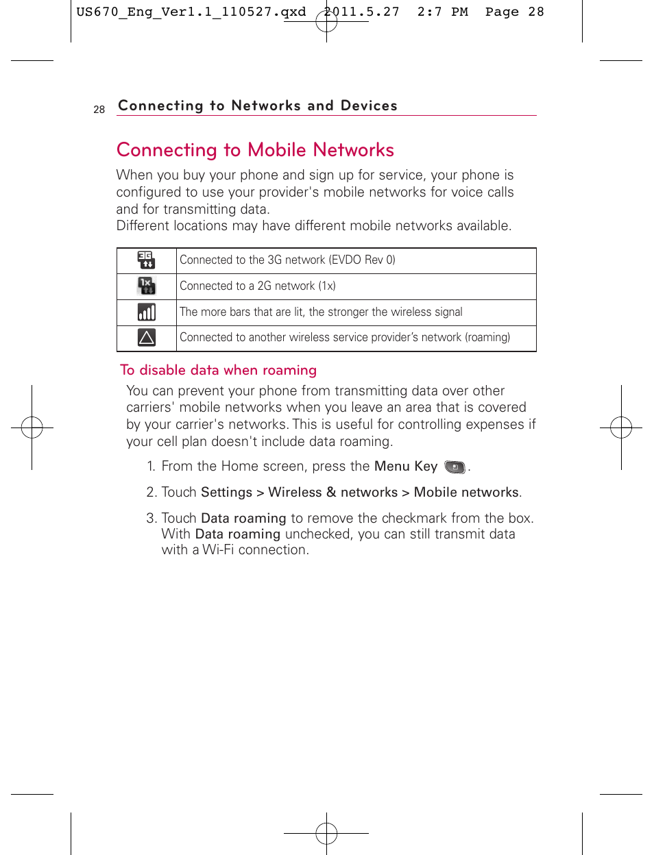 Connecting to mobile networks | LG US670 User Manual | Page 30 / 309