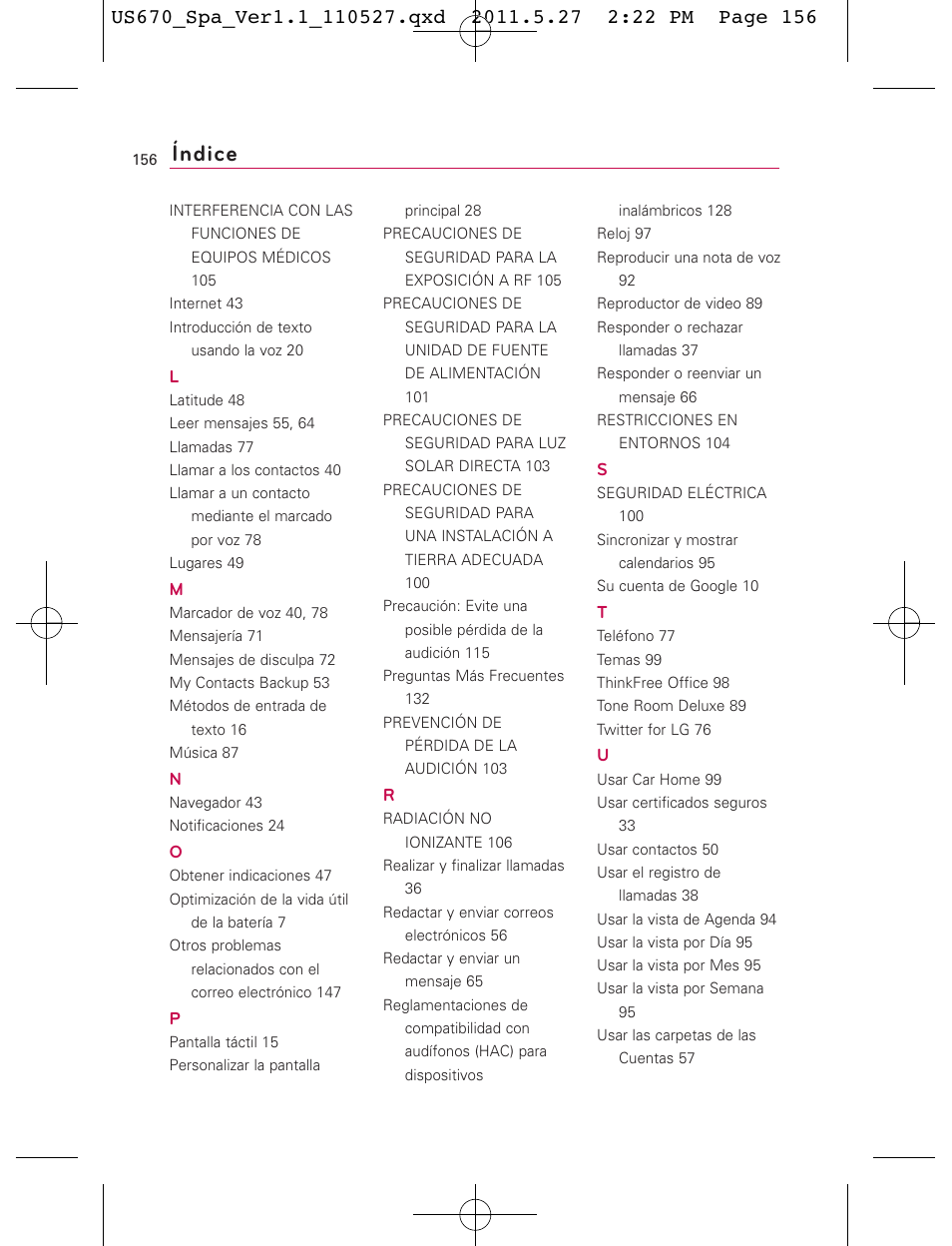 Índice | LG US670 User Manual | Page 306 / 309