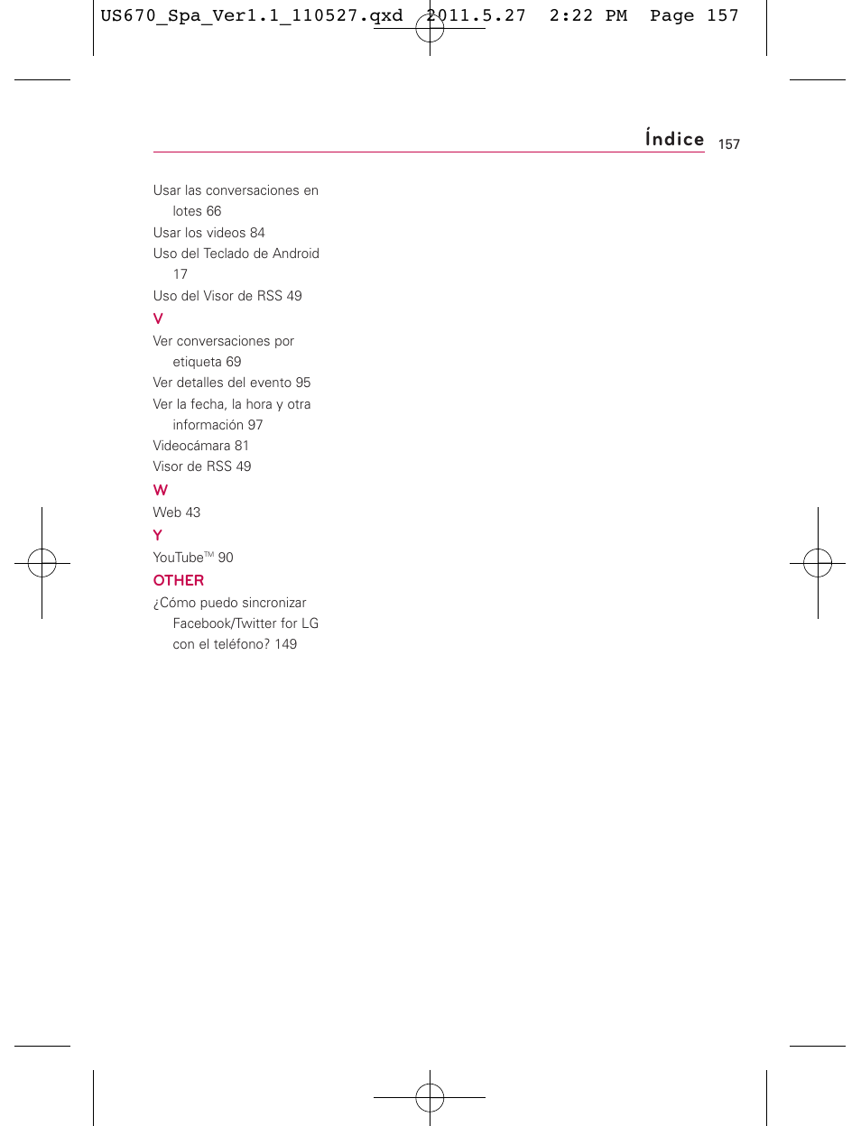 Índice | LG US670 User Manual | Page 307 / 309