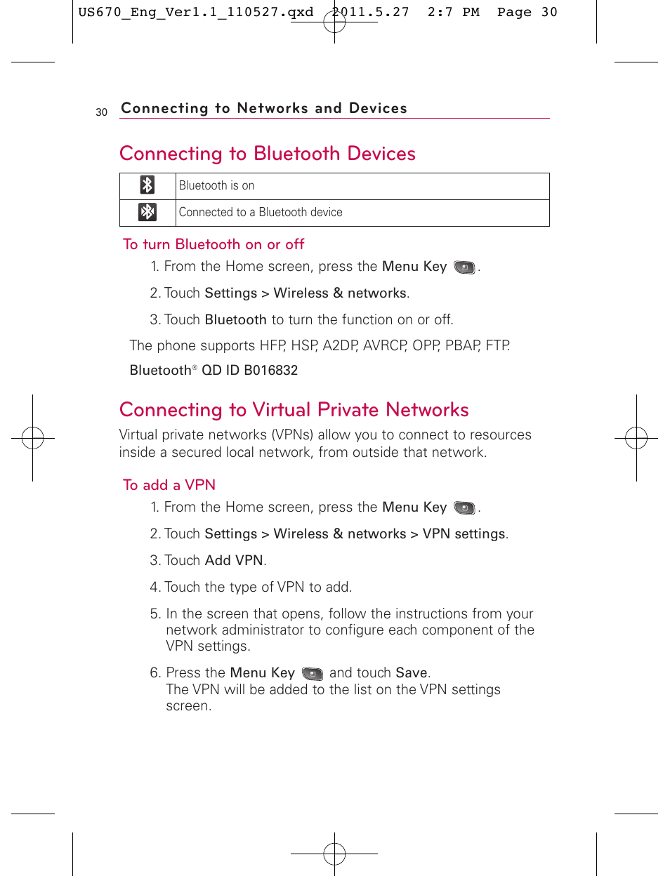 Connecting to bluetooth devices, Connecting to virtual private networks | LG US670 User Manual | Page 32 / 309