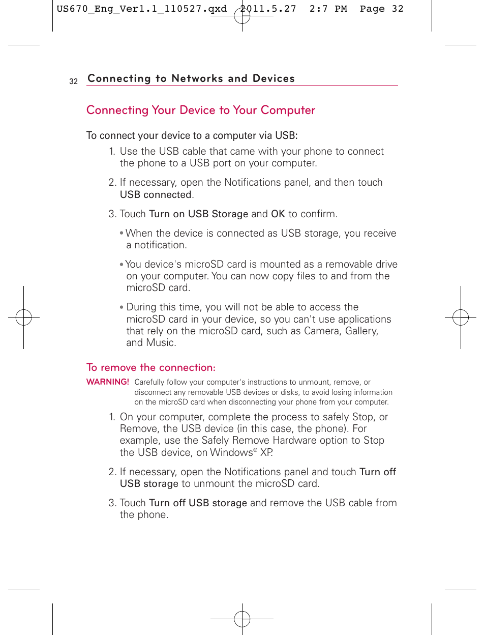 Connecting your device to your computer, Connecting to networks and devices | LG US670 User Manual | Page 34 / 309