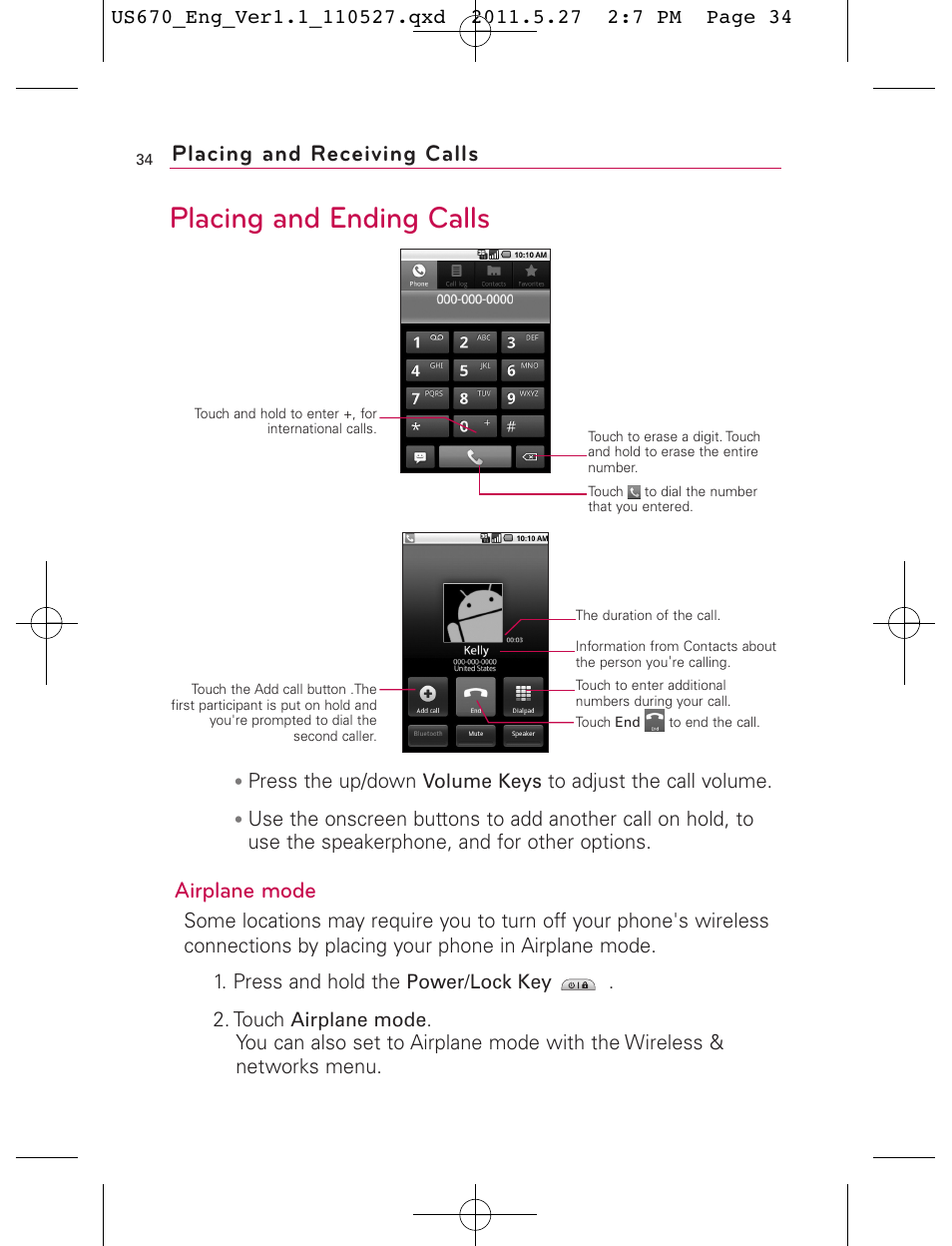 Placing and ending calls, Airplane mode, Placing and receiving calls | LG US670 User Manual | Page 36 / 309