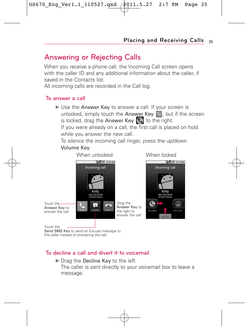 Answering or rejecting calls, Placing and receiving calls | LG US670 User Manual | Page 37 / 309