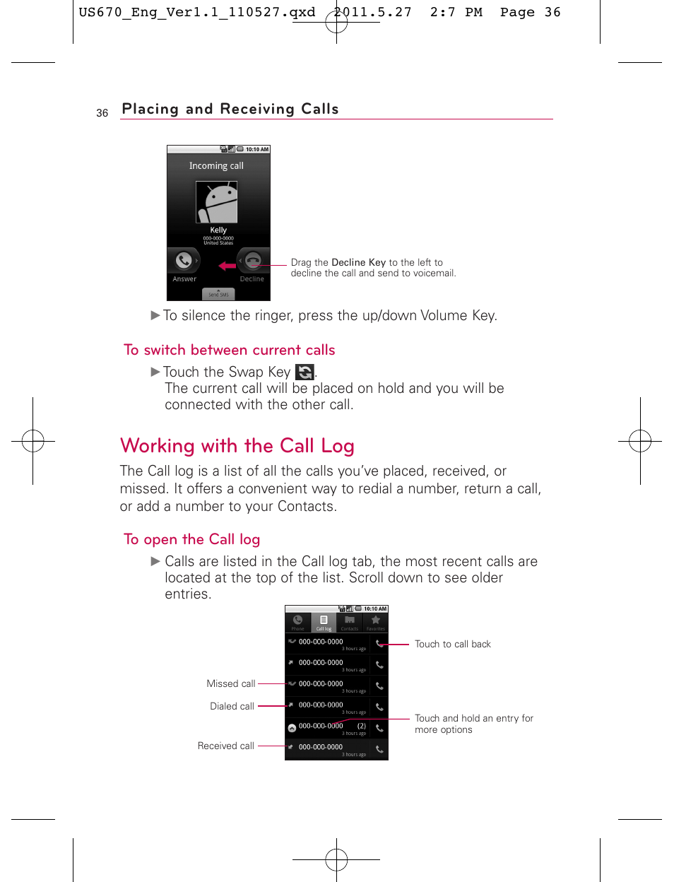 Working with the call log, Placing and receiving calls | LG US670 User Manual | Page 38 / 309