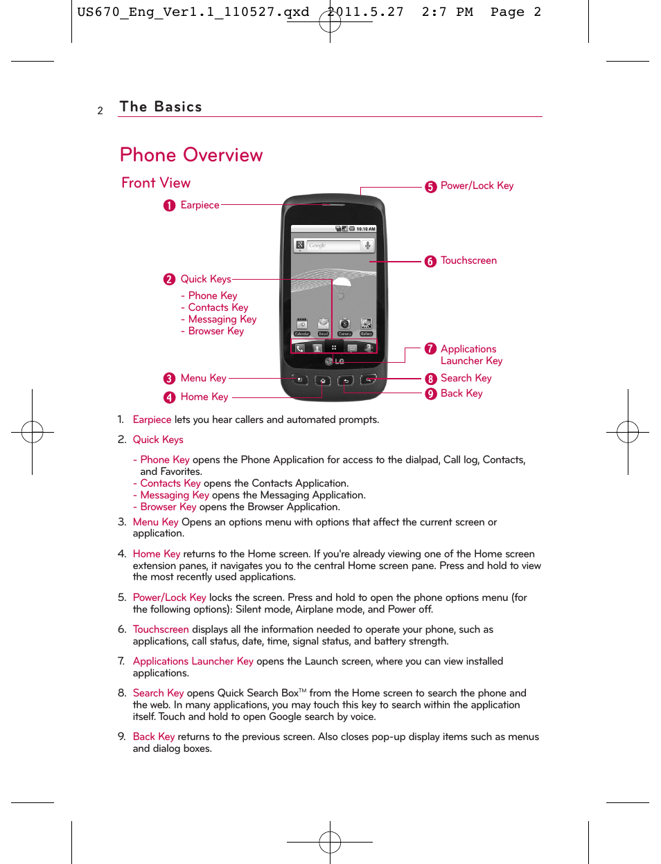 Phone overview, The basics, Front view | LG US670 User Manual | Page 4 / 309