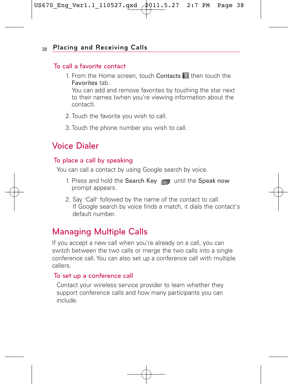 Voice dialer, Managing multiple calls | LG US670 User Manual | Page 40 / 309