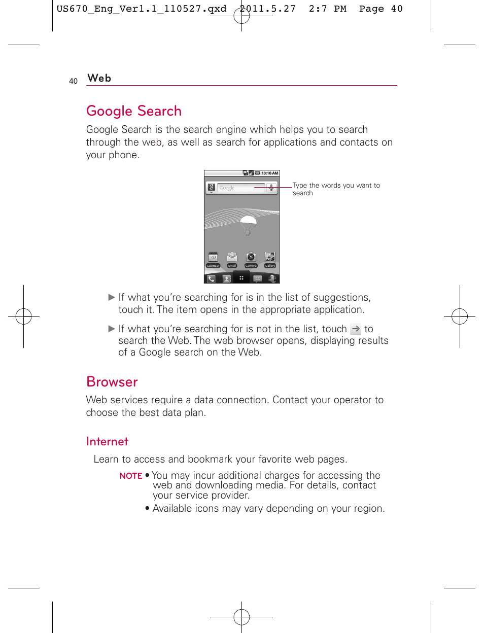 Google search, Browser, Internet | LG US670 User Manual | Page 42 / 309