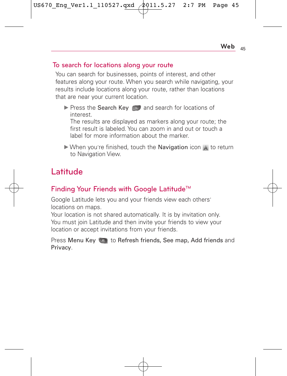 Latitude, Finding your friends with google latitude | LG US670 User Manual | Page 47 / 309