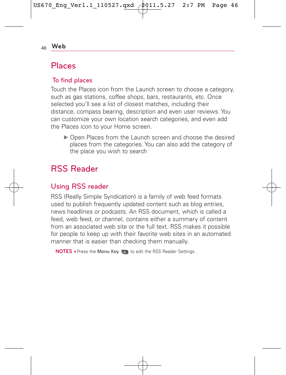 Places, Rss reader, Using rss reader | LG US670 User Manual | Page 48 / 309
