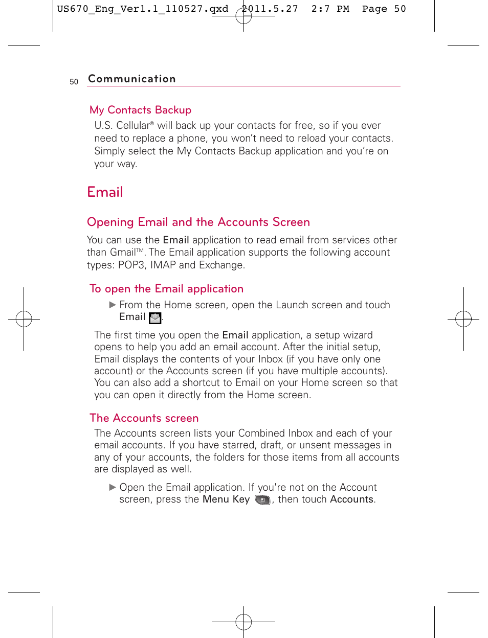 Email, Opening email and the accounts screen, The accounts screen | LG US670 User Manual | Page 52 / 309