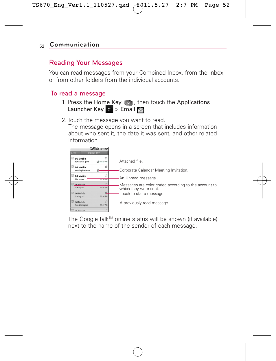 Reading your messages, Communication | LG US670 User Manual | Page 54 / 309