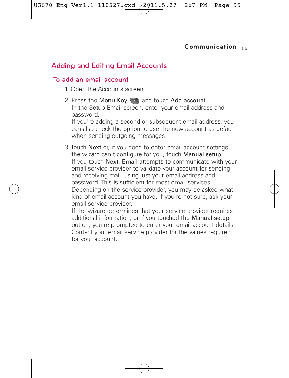 Adding and editing email accounts | LG US670 User Manual | Page 57 / 309