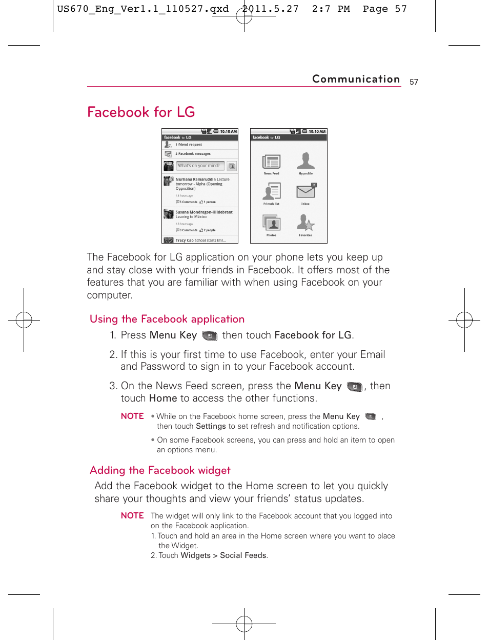 Facebook for lg, Communication, Using the facebook application | Adding the facebook widget | LG US670 User Manual | Page 59 / 309