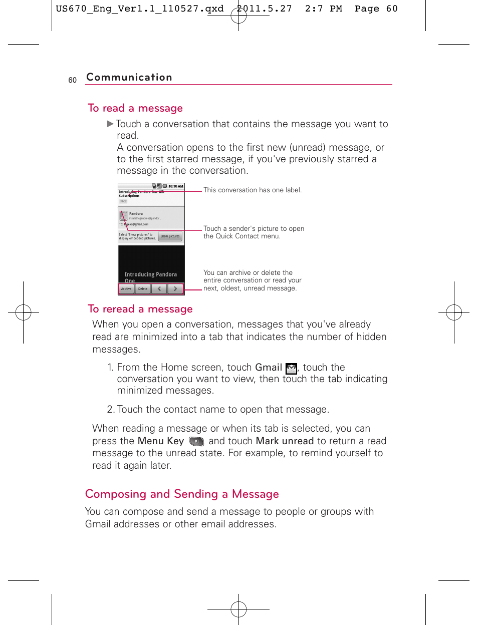 Composing and sending a message, Communication | LG US670 User Manual | Page 62 / 309