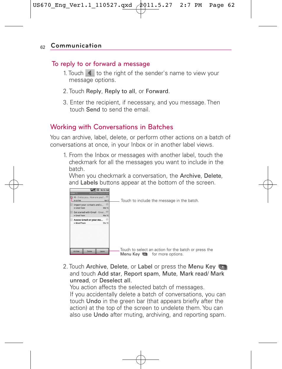 Working with conversations in batches, Communication | LG US670 User Manual | Page 64 / 309