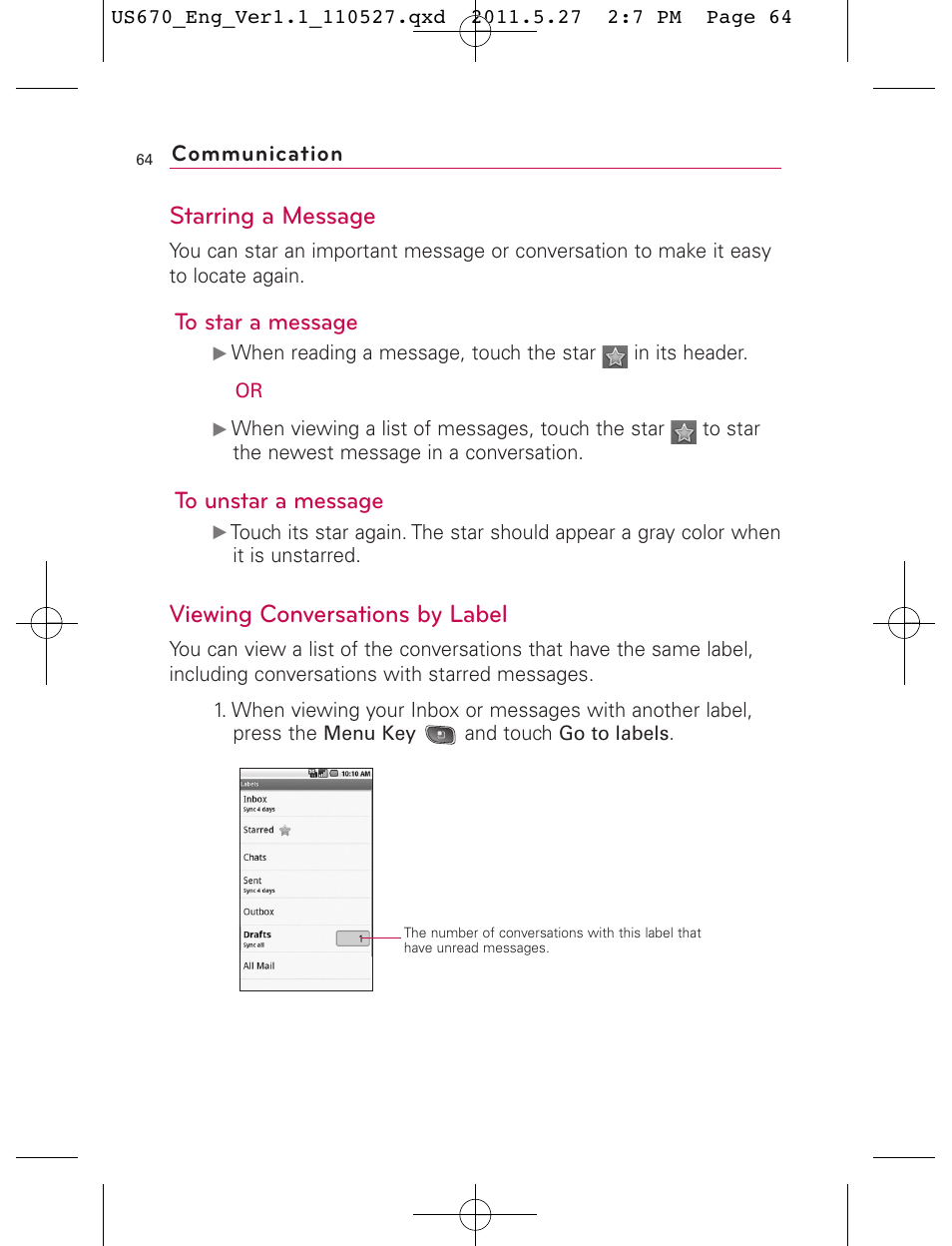 Starring a message, Viewing conversations by label | LG US670 User Manual | Page 66 / 309