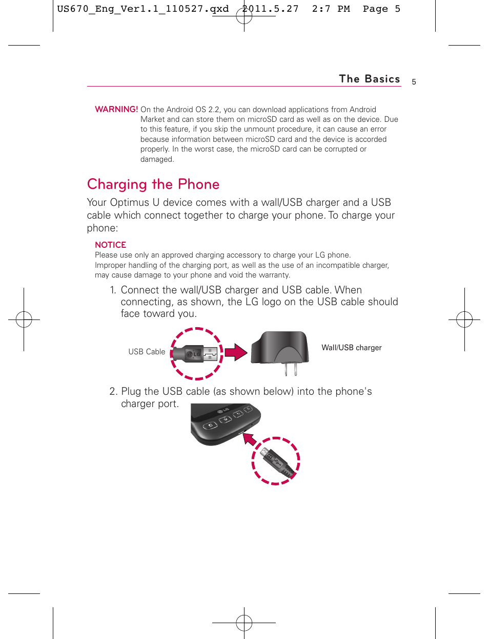 Charging the phone, The basics | LG US670 User Manual | Page 7 / 309