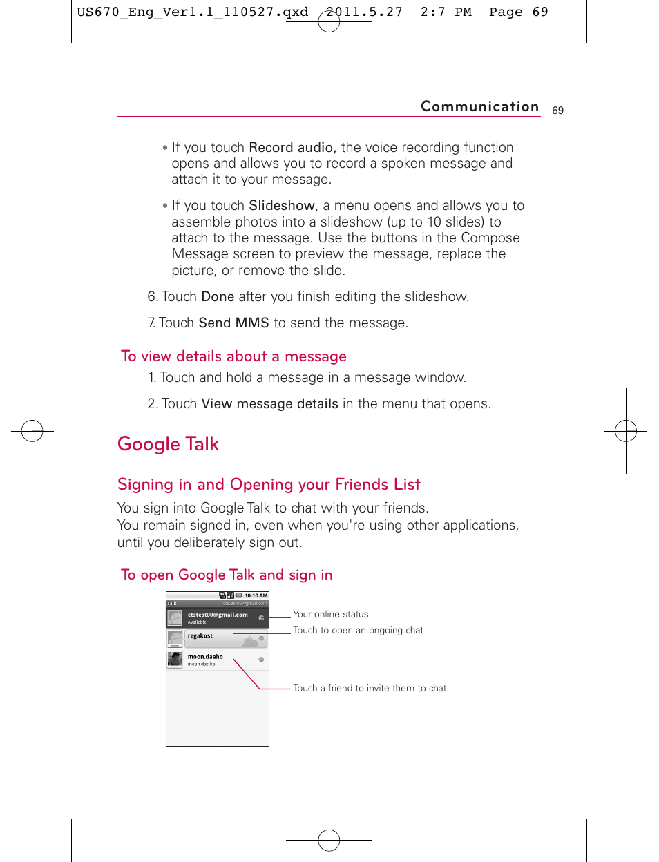 Google talk, Signing in and opening your friends list, Communication | LG US670 User Manual | Page 71 / 309