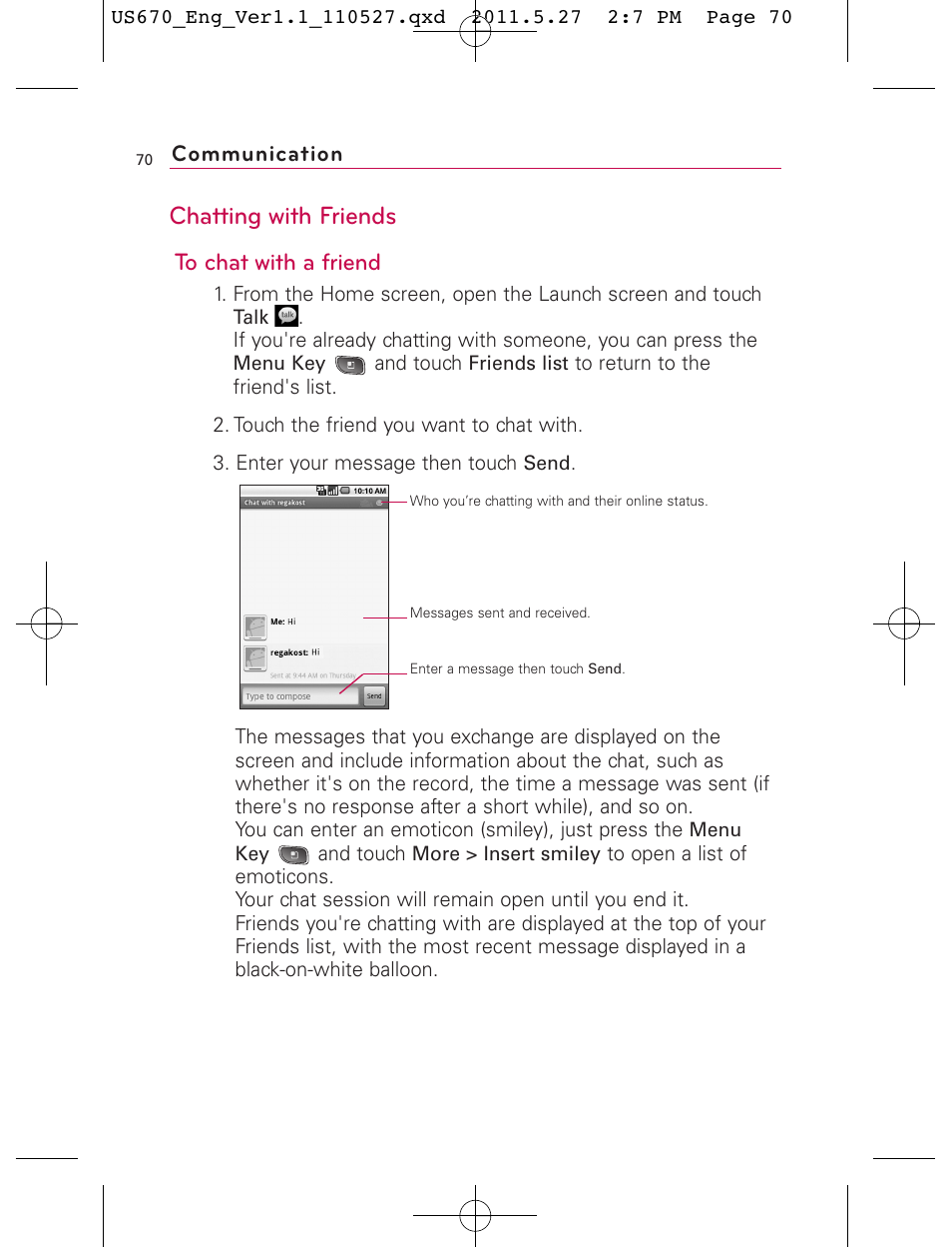 Chatting with friends, Communication | LG US670 User Manual | Page 72 / 309