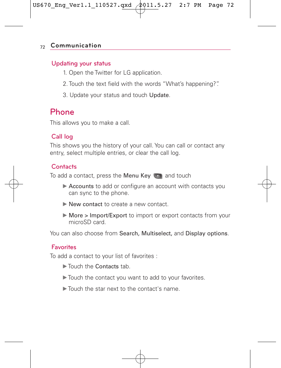 Phone, Communication updating your status, Call log | Contacts, Favorites | LG US670 User Manual | Page 74 / 309