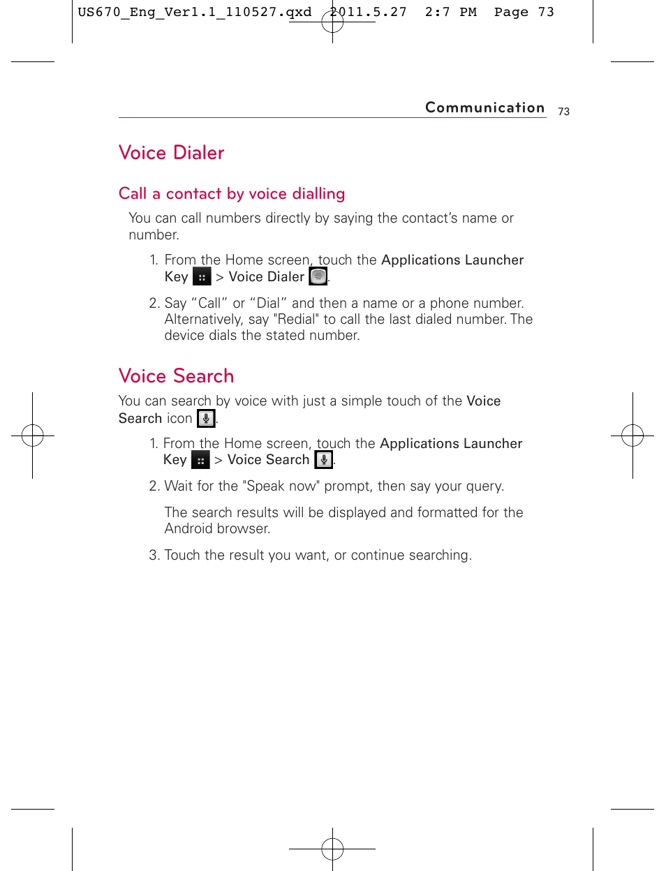 Voice dialer, Voice search, Call a contact by voice dialling | LG US670 User Manual | Page 75 / 309