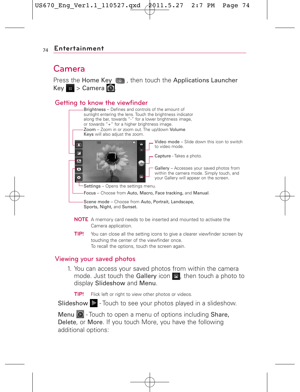 Camera, Entertainment, Getting to know the viewfinder | Viewing your saved photos | LG US670 User Manual | Page 76 / 309