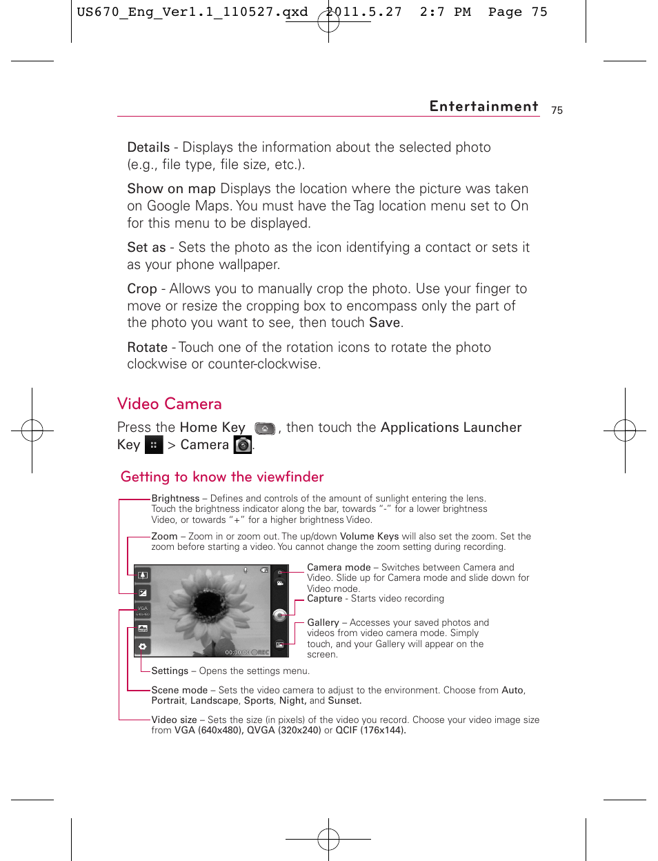 Video camera, Entertainment, Getting to know the viewfinder | LG US670 User Manual | Page 77 / 309