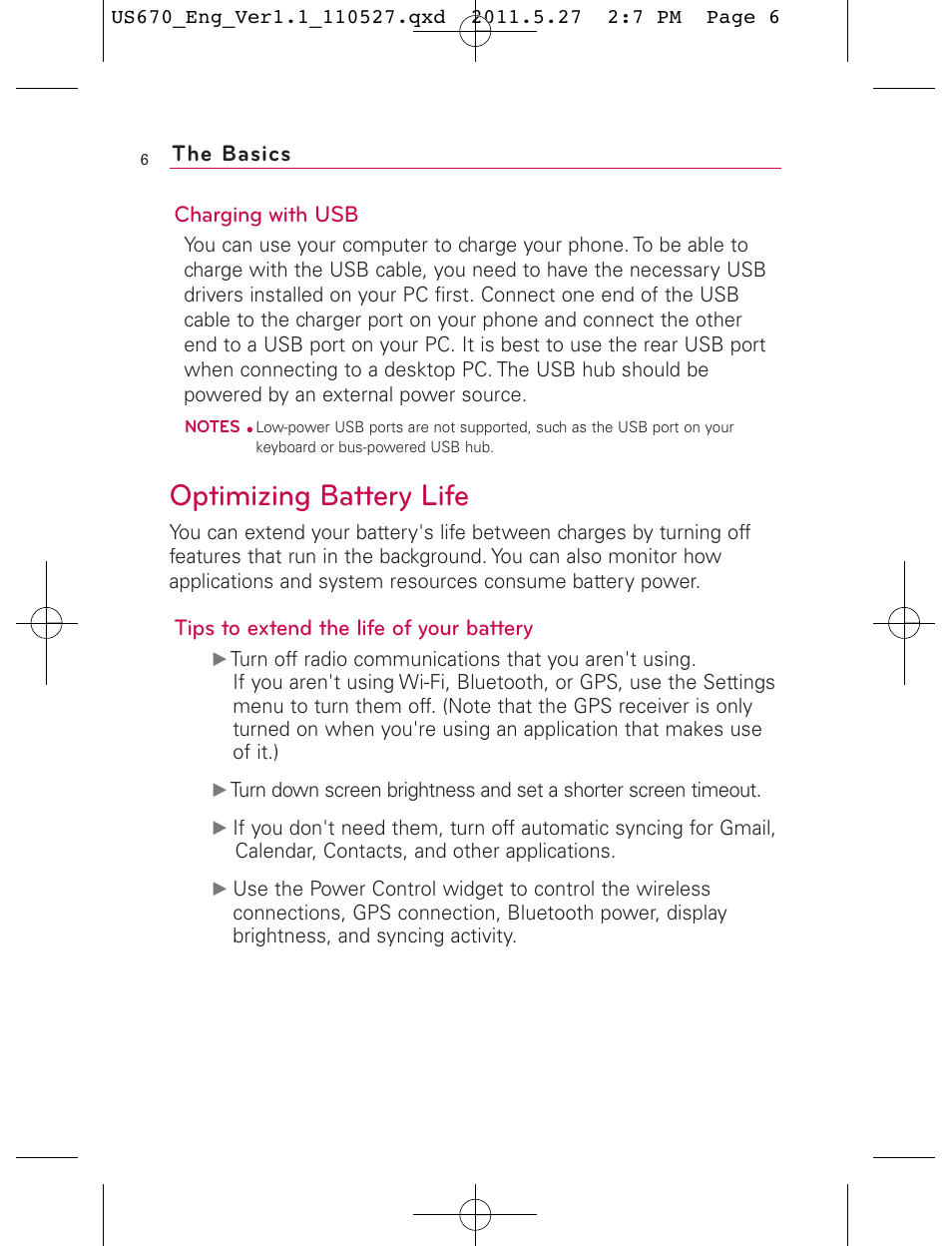 Optimizing battery life, Charging with usb, Tips to extend the life of your battery | The basics | LG US670 User Manual | Page 8 / 309