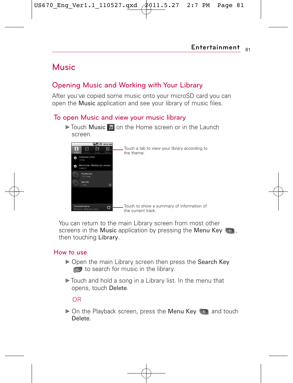 Music, Opening music and working with your library, How to use | Entertainment | LG US670 User Manual | Page 83 / 309