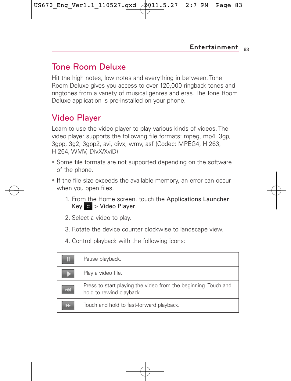 Tone room deluxe, Video player | LG US670 User Manual | Page 85 / 309