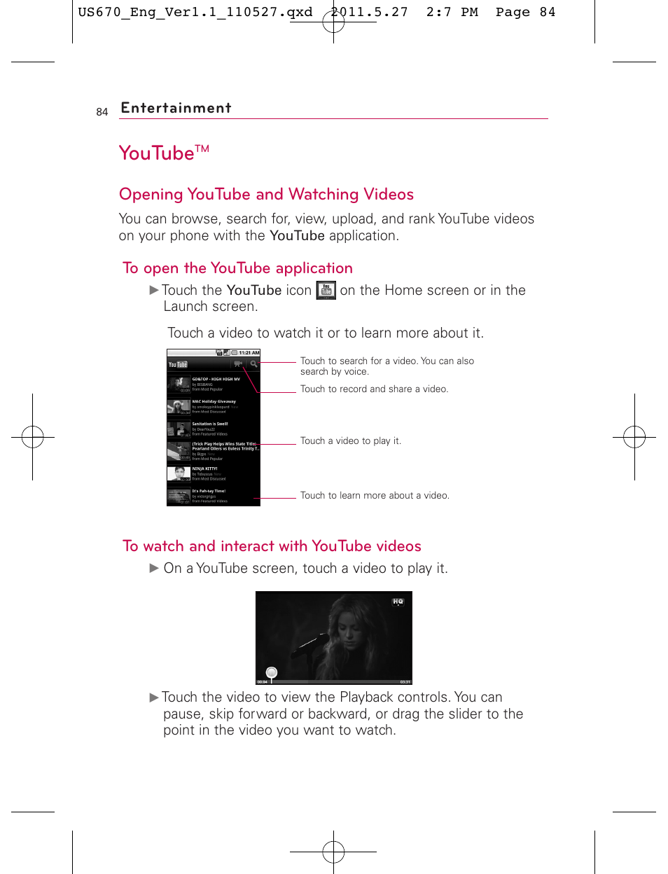 Youtube, Opening youtube and watching videos, Entertainment | LG US670 User Manual | Page 86 / 309