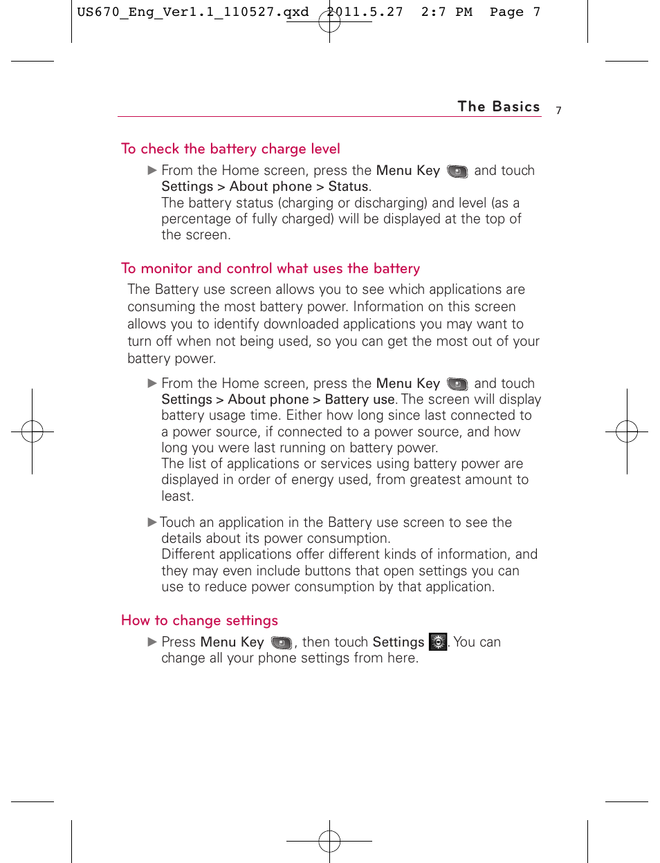 The basics to check the battery charge level, How to change settings | LG US670 User Manual | Page 9 / 309