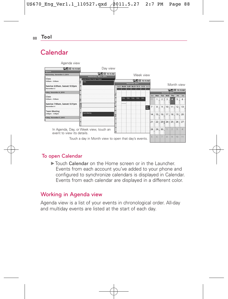 Calendar, Working in agenda view, Tool | LG US670 User Manual | Page 90 / 309