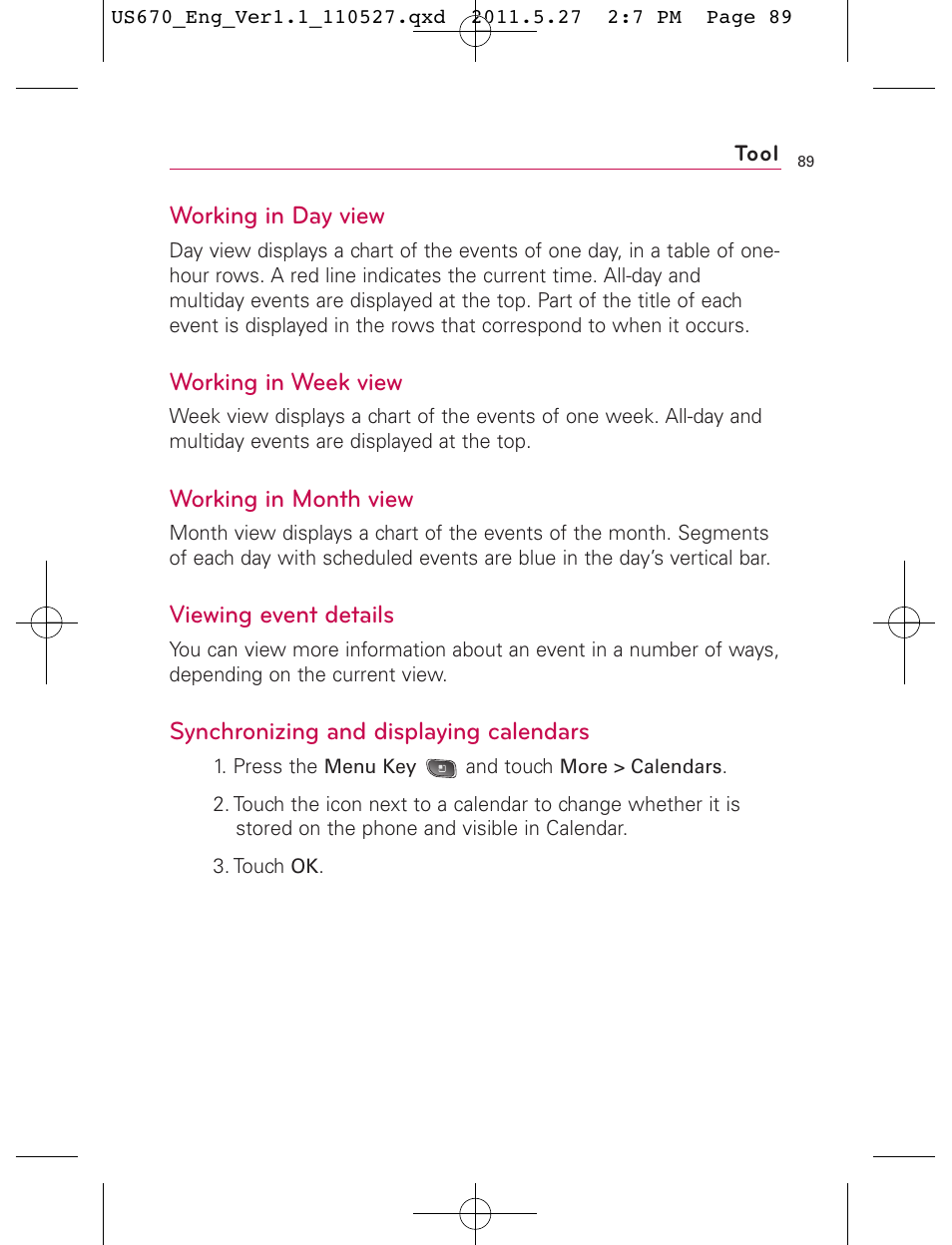 Working in day view, Working in week view, Working in month view | Viewing event details, Synchronizing and displaying calendars | LG US670 User Manual | Page 91 / 309