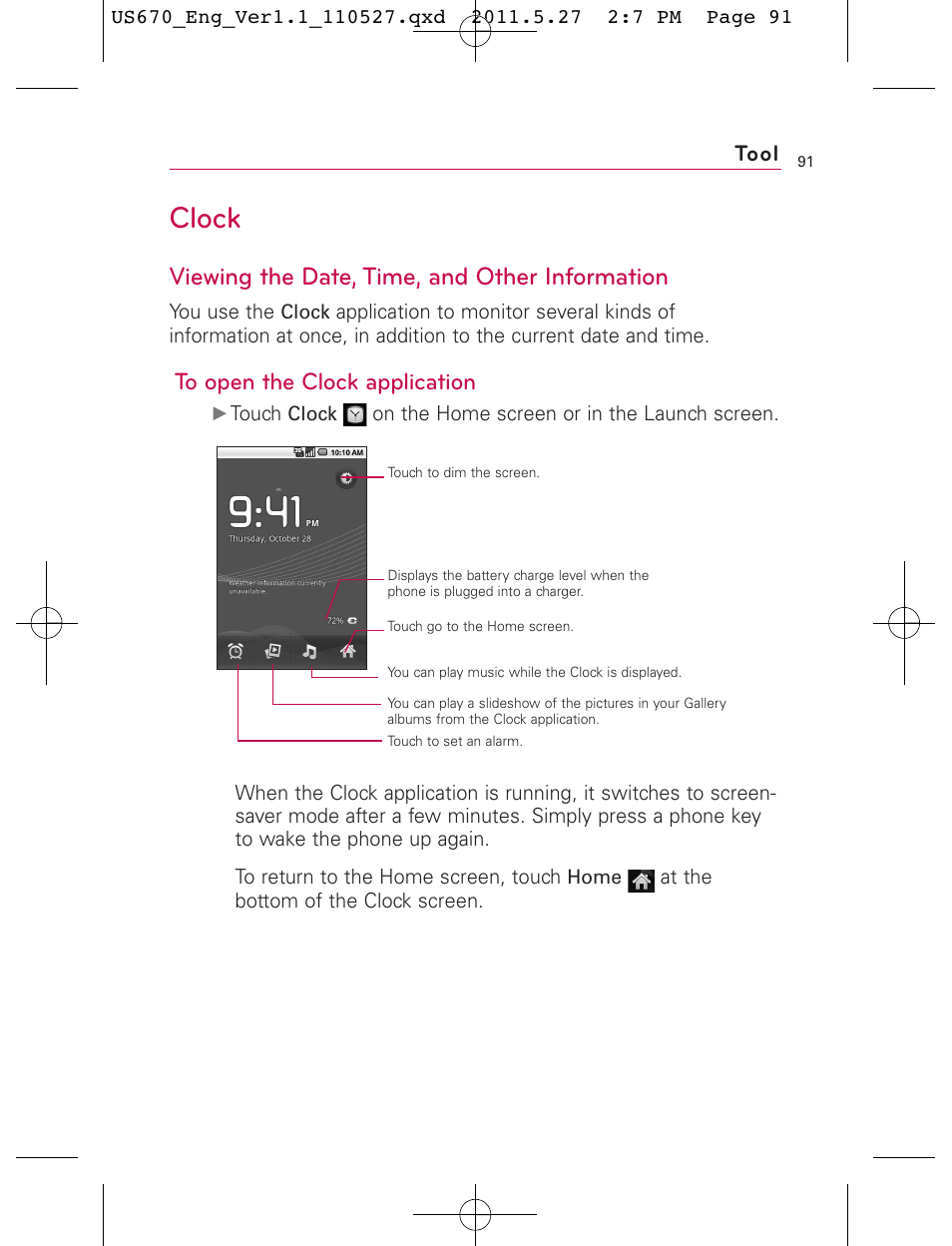 Clock, Viewing the date, time, and other information, Tool | LG US670 User Manual | Page 93 / 309