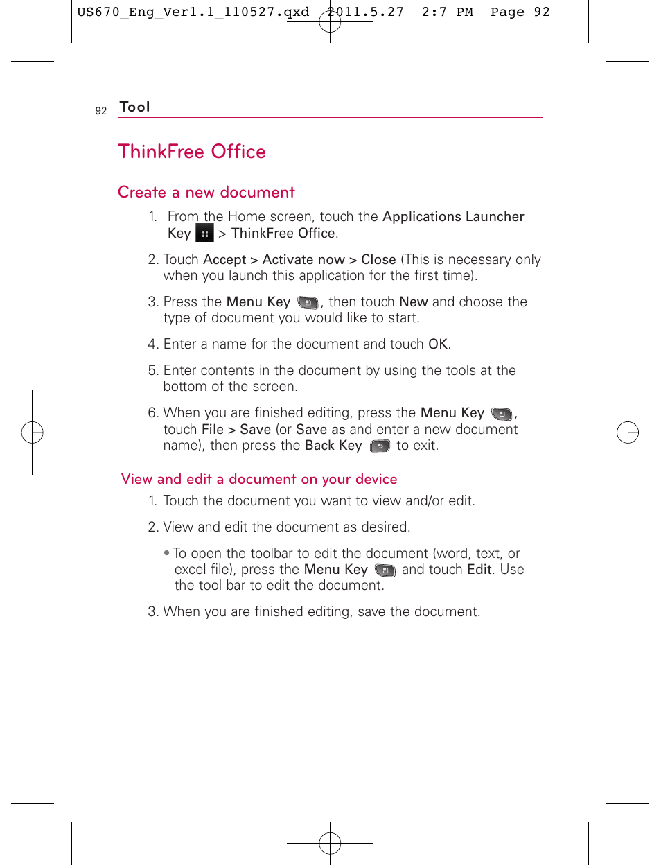 Thinkfree office, Create a new document | LG US670 User Manual | Page 94 / 309