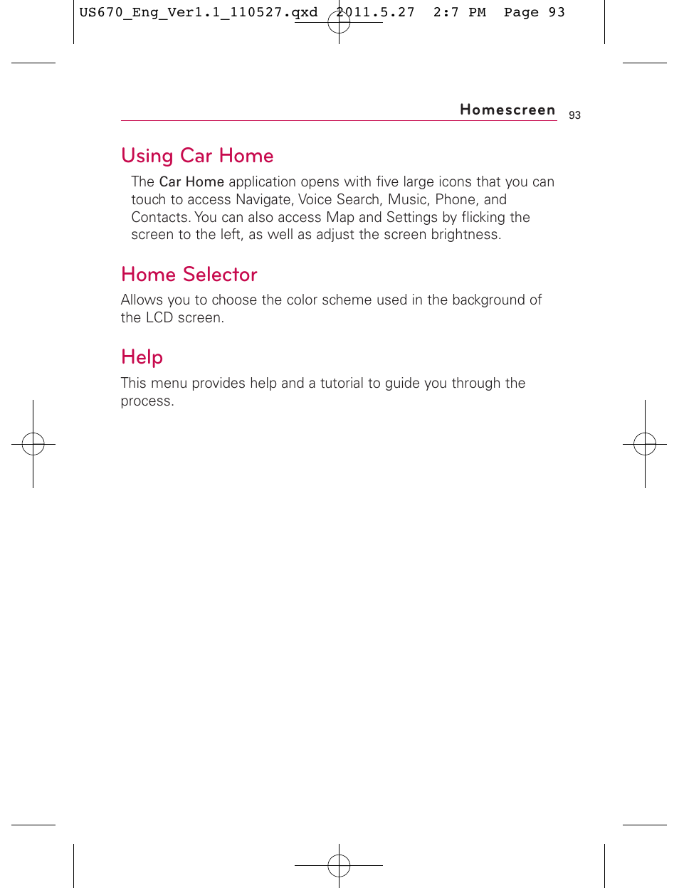 Using car home, Home selector, Help | LG US670 User Manual | Page 95 / 309