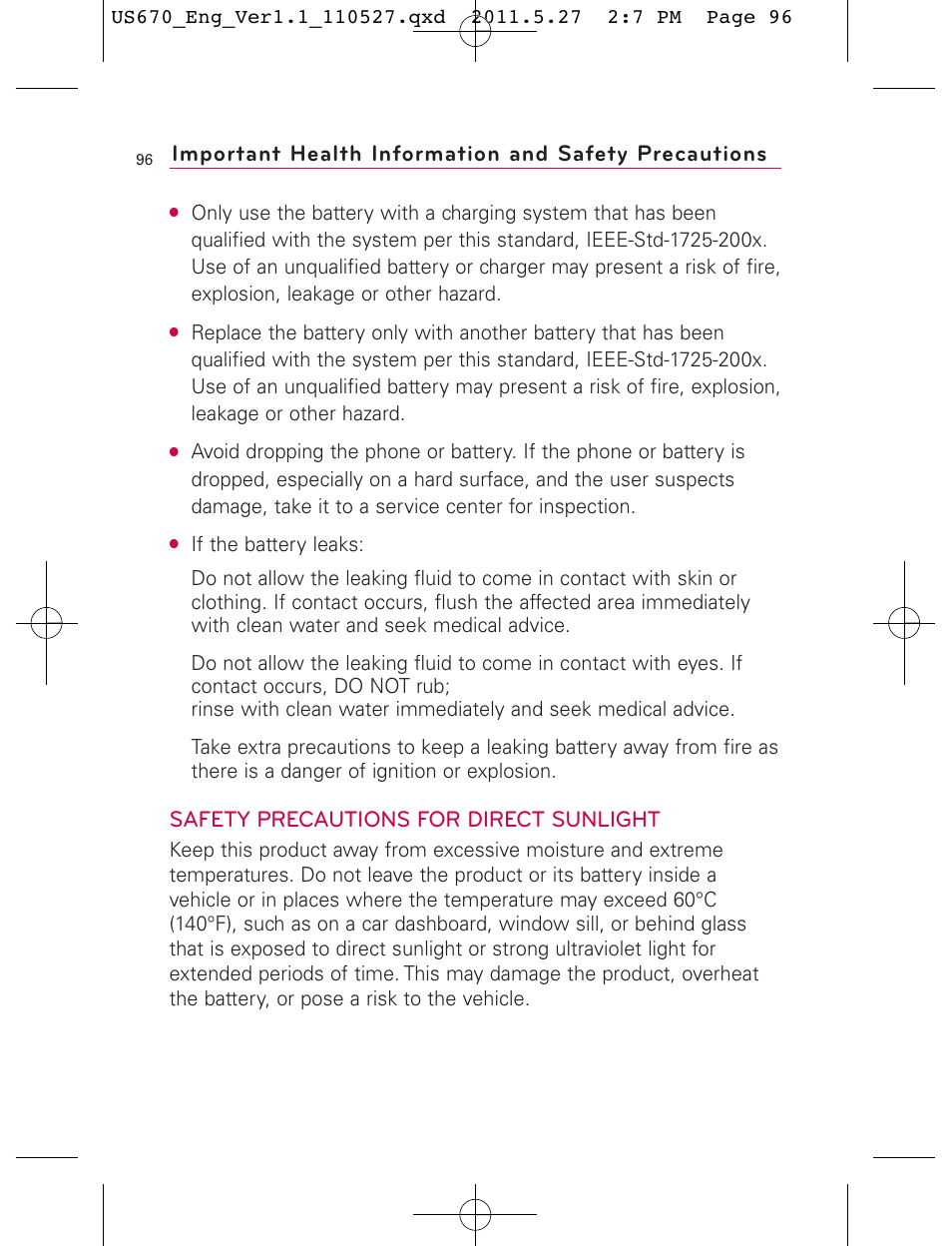 Safety precautions for direct sunlight | LG US670 User Manual | Page 98 / 309