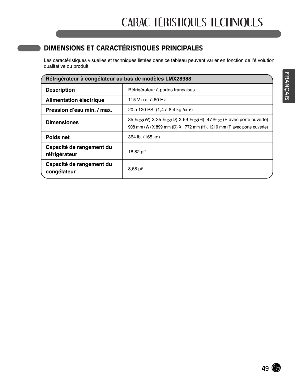 49 dimensions et caractéristiques principales, Français | LG LMX28988ST User Manual | Page 101 / 156