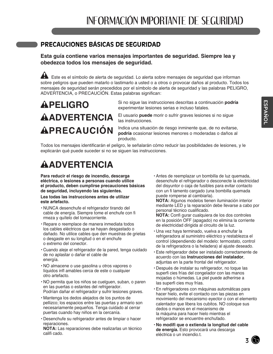 Wpeligro, Wadvertencia, Wprecaución | LG LMX28988ST User Manual | Page 107 / 156