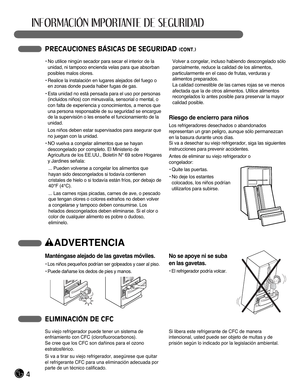 Wadvertencia, 4precauciones básicas de seguridad, Eliminación de cfc | LG LMX28988ST User Manual | Page 108 / 156