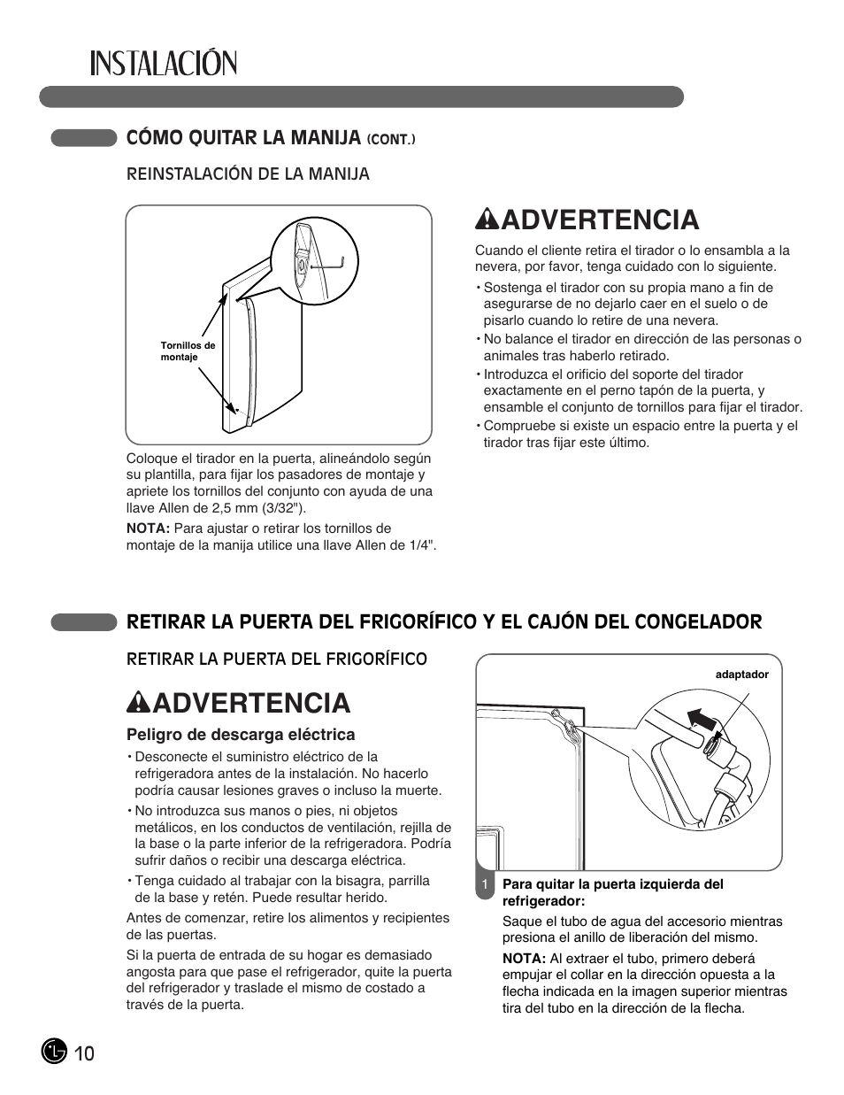Wadvertencia, 10 cómo quitar la manija | LG LMX28988ST User Manual | Page 114 / 156
