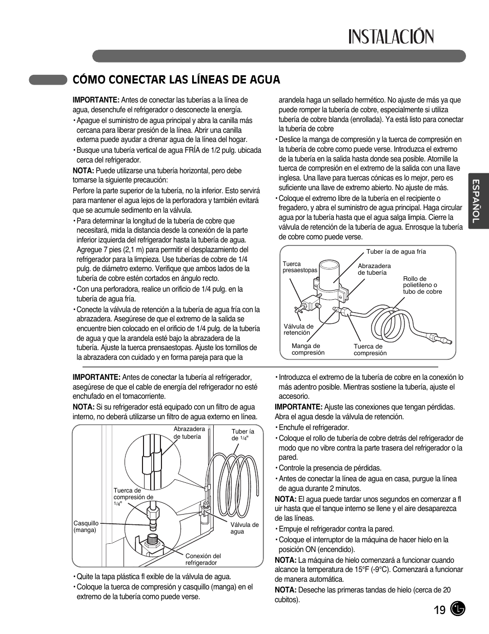 19 cómo conectar las líneas de agua, Español | LG LMX28988ST User Manual | Page 123 / 156