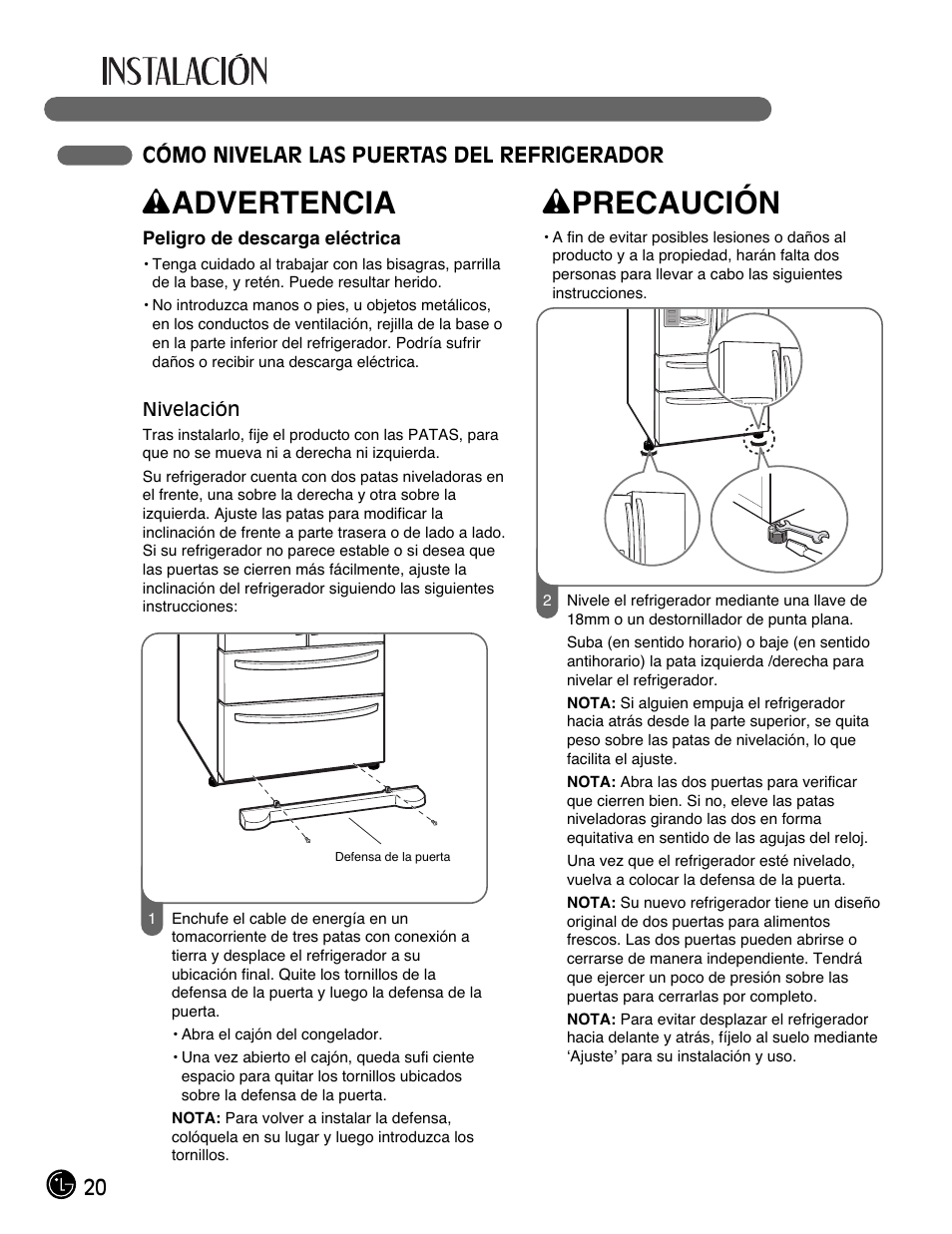 Wadvertencia, Wprecaución, 20 cómo nivelar las puertas del refrigerador | LG LMX28988ST User Manual | Page 124 / 156