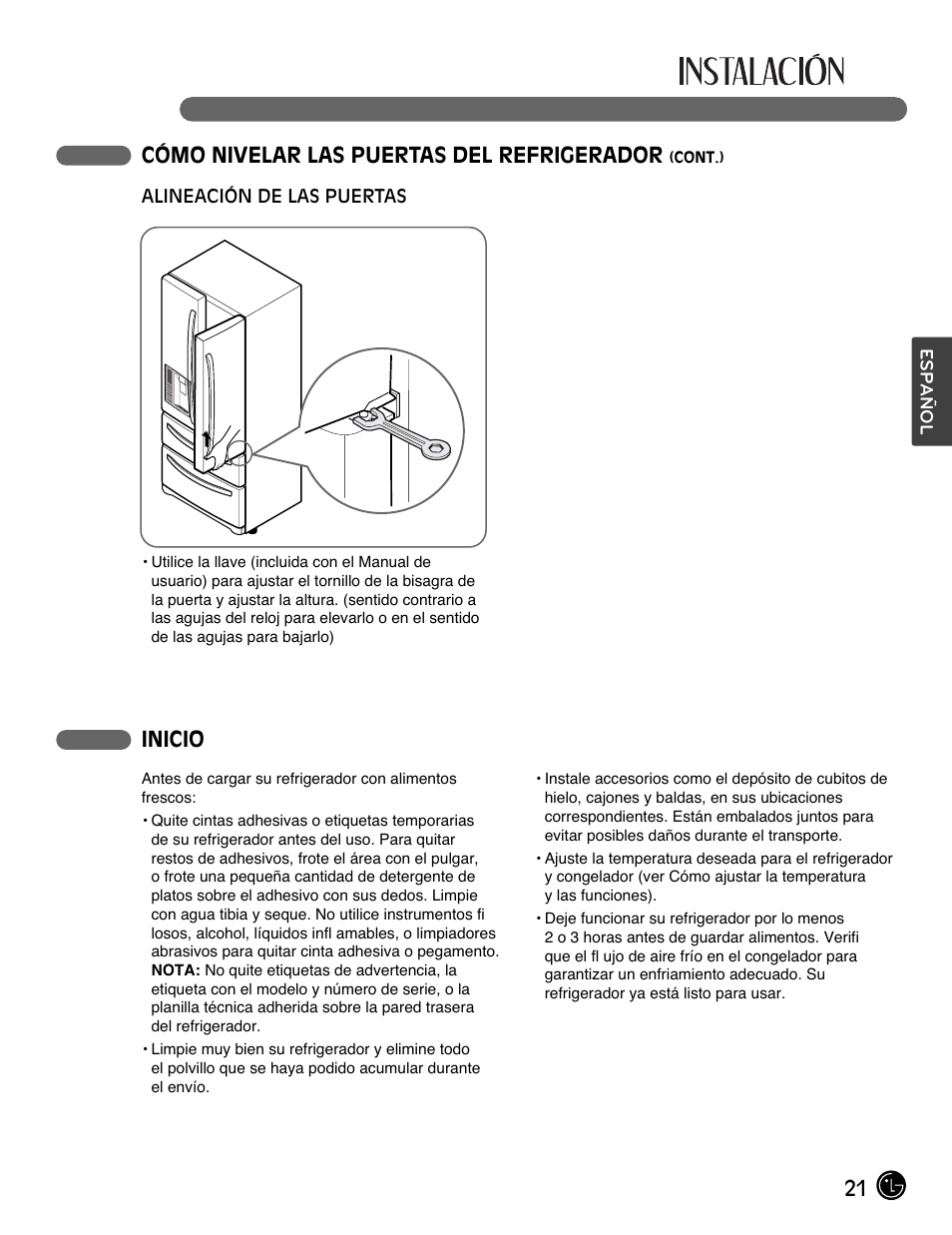 21 cómo nivelar las puertas del refrigerador, Inicio | LG LMX28988ST User Manual | Page 125 / 156